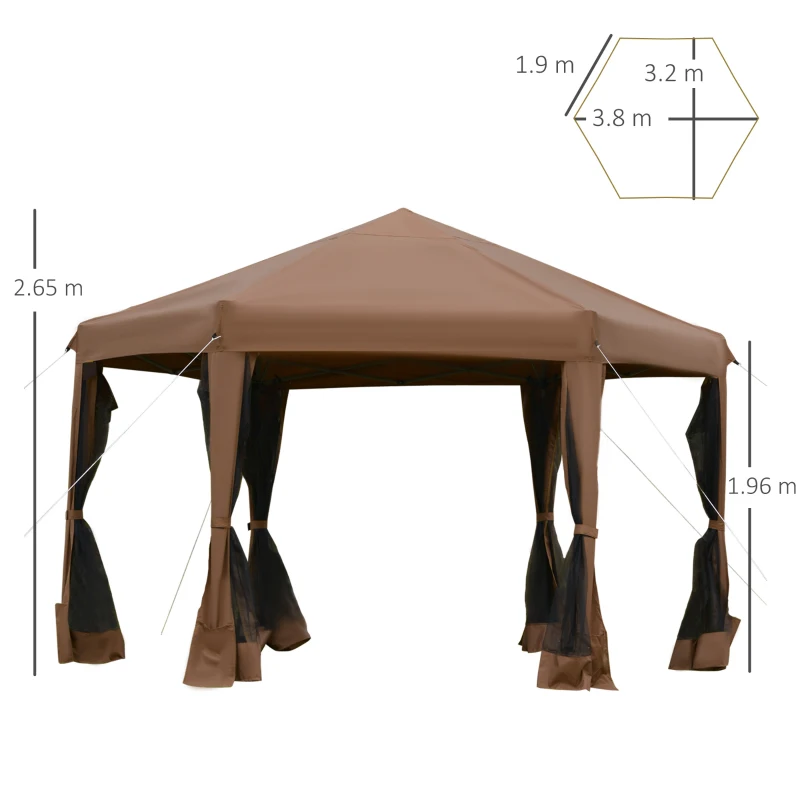 Outsunny 3.2m Pop Up Gazebo Hexagonal Canopy Tent Outdoor Sun Protection with Mesh Sidewalls, Handy Bag, Brown