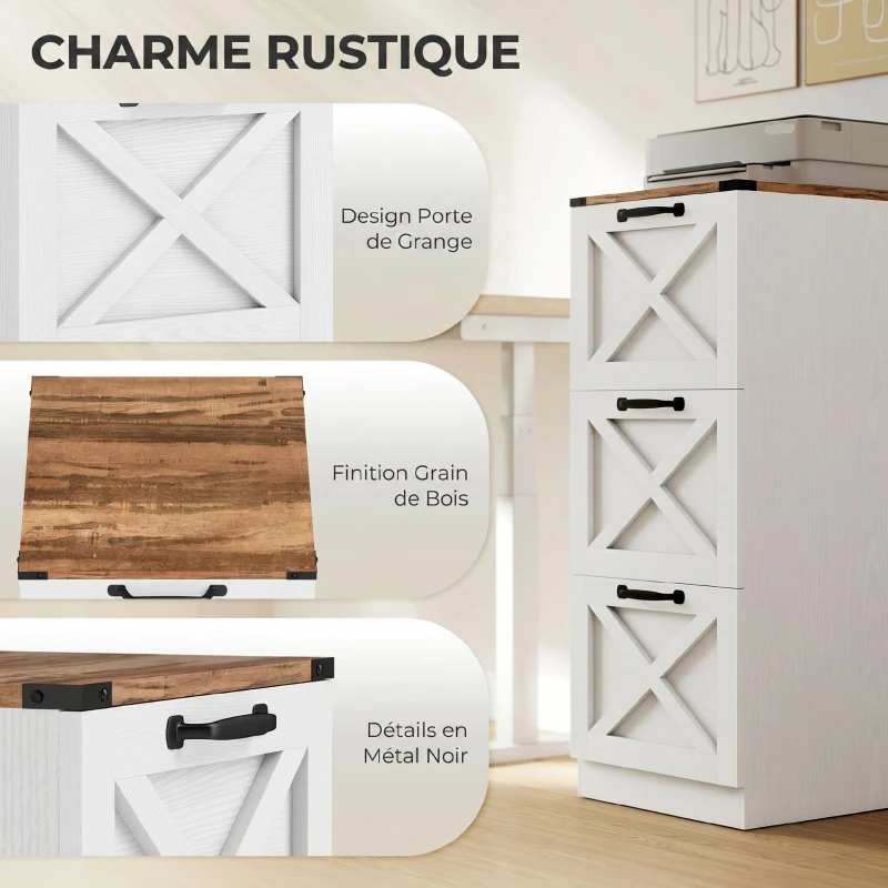 HOMCOM Caisson de Bureau avec 3 Tiroirs, Dossiers Suspendus pour Formats Lettre/A4, Style Rustique, 40x40x101cm, Blanc