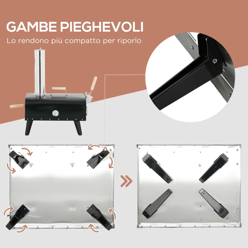 Outsunny Forno per Pizza Pieghevole e Portatile con Pala e Pietra, in Acciaio e Legno, 81x40x72 cm, Nero