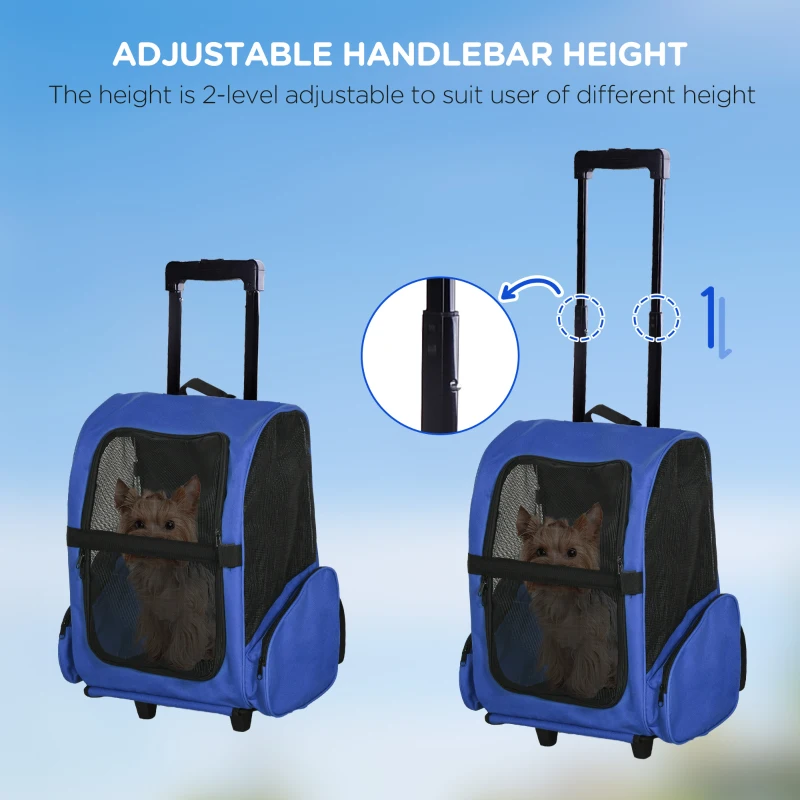 PawHut 2 in 1 Dog Backpack and Trolley, Pet Travel Backpack Cat Dog Carrier with Telescopic Handle, Portable Pet Stroller Wheel Luggage Bag (Blue)
