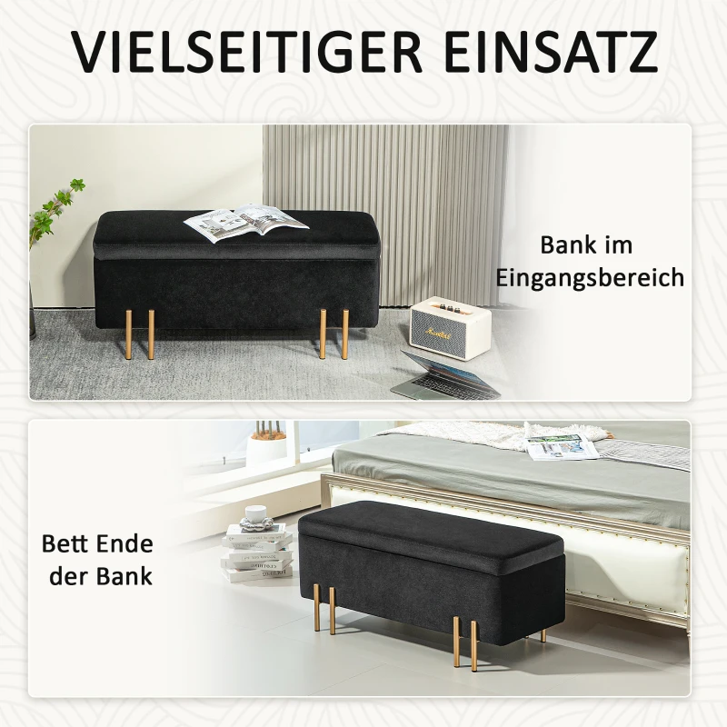 HOMCOM Zitbank, Gestoffeerde Bank met Opbergruimte, Metaal, Rubberhout, Schuimstof, 100 x 40 x 42 cm, Zwart