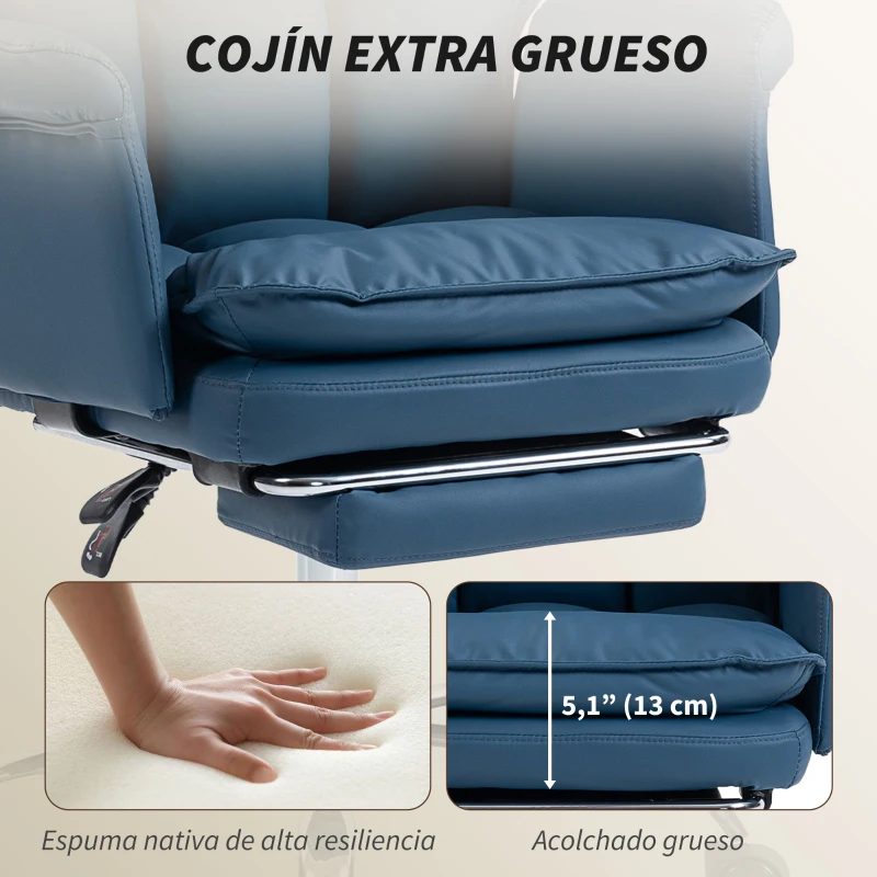 HOMCOM Silla de Escritorio con Reposapiés Respaldo Reclinable Alto Acolchado Grueso Tapizada en Cuero Sintético Ruedas Azul