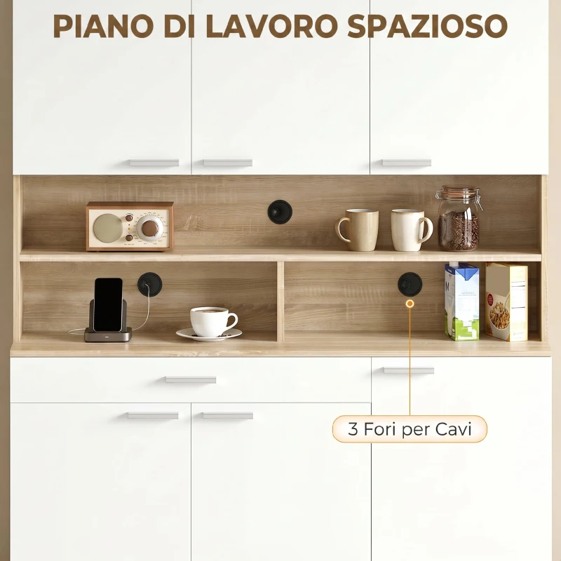 HOMCOM Credenza Cucina con Ripiani Aperti, 4 Armadietti e Cassetto, in Legno e Metallo, 120x40x175 cm, Bianco e Legno