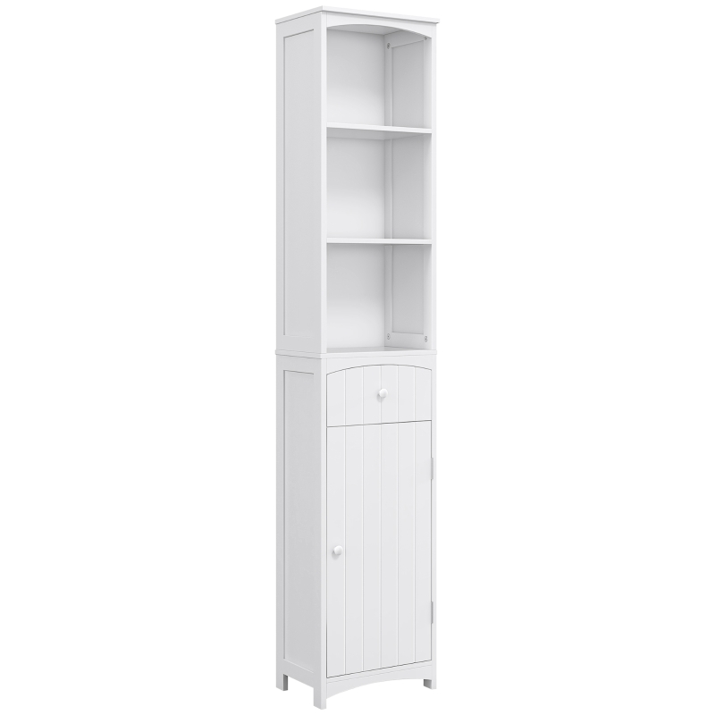 HOMCOM Armario Alto de Baño Estrecho con 1 Cajón y 3 Estantes Abiertos Columna de Baño Estilo Moderno para Salón Aseo Cocina 34x24x170 cm Blanco