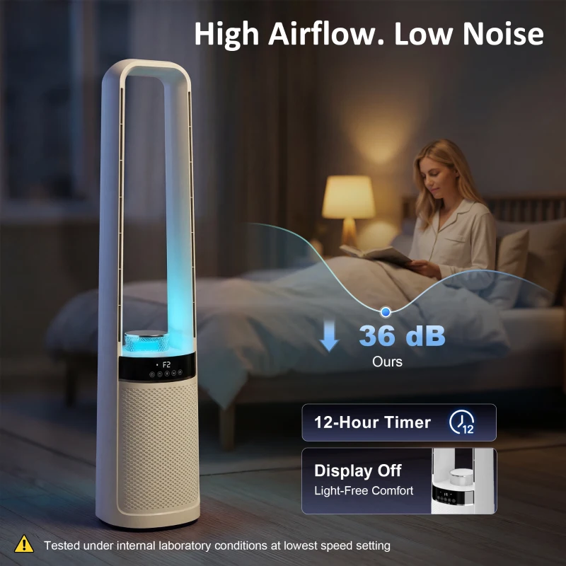 HOMCOM Bladeless Tower Fan, 36dB Standing Cooling Fan with Oscillating, LED Lights, 3 Speeds, 12H Timer, Remote Control