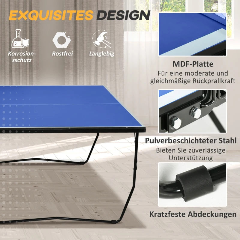 SPORTNOW Tafeltennistafel, opvouwbaar, 8 wielen, gepoedercoat stalen frame, MDF, 274 x 152,5 x 76 cm, Blauw