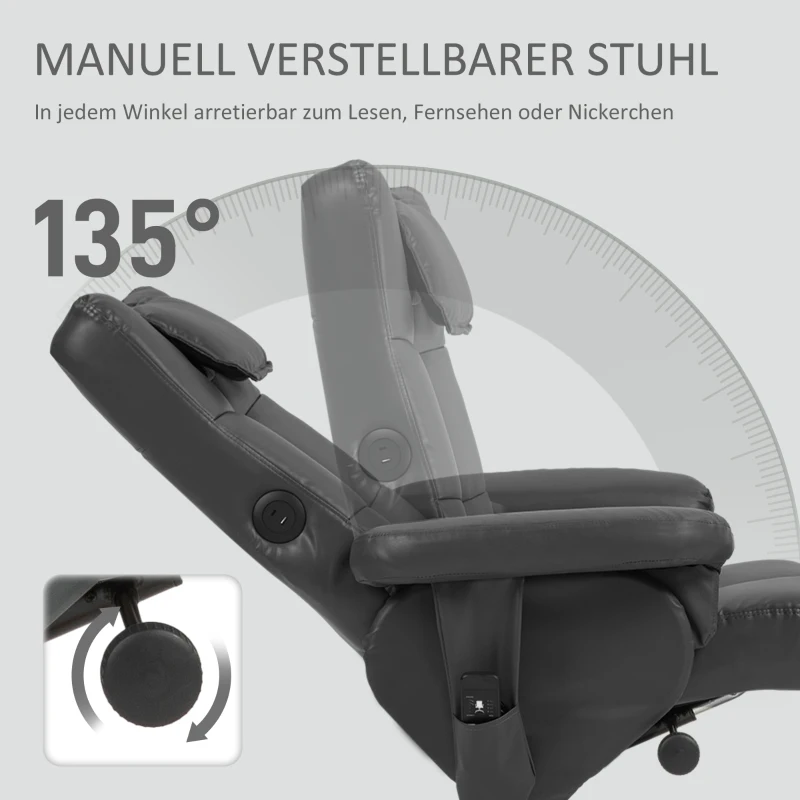 HOMCOM Relaxfauteuil met voetenbank, 360° draaibare loungestoel met kneed- en vibratiemassage, ligfunctie, massagestoel met USB- en USB-C-aansluitingen, zijvak, kunstleer zwart