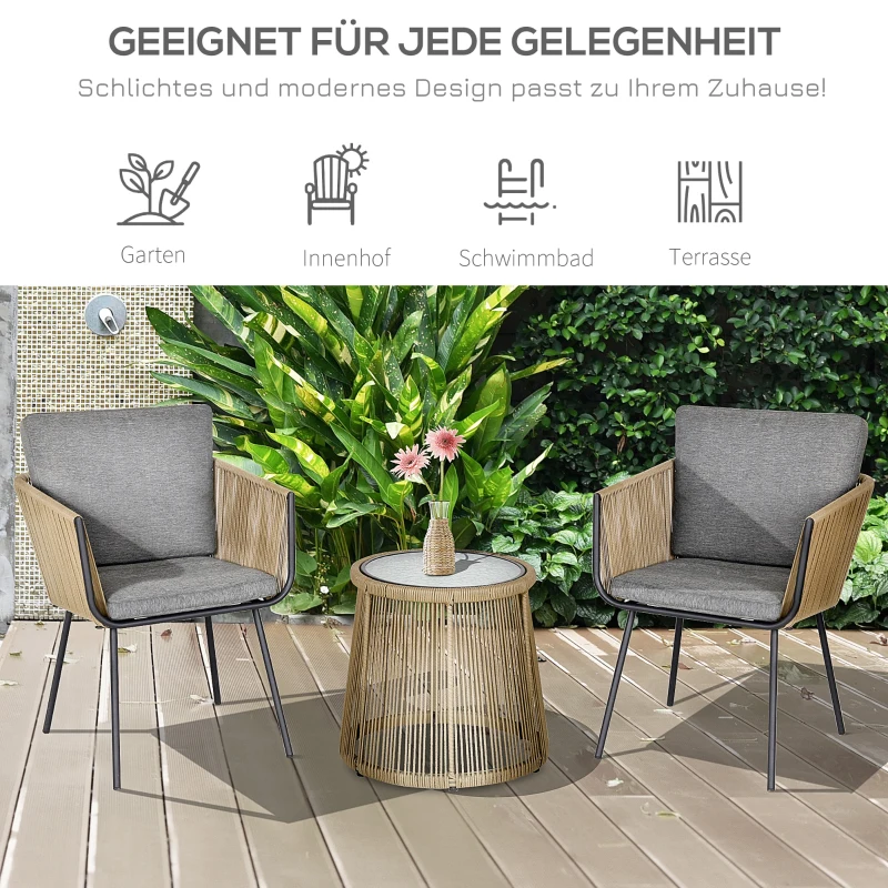 Outsunny 3-delige loungeset, 2 stoelen, bijzettafel, zit- en rugkussens, gehard glazen tafelblad, kunstrotan, grijs
