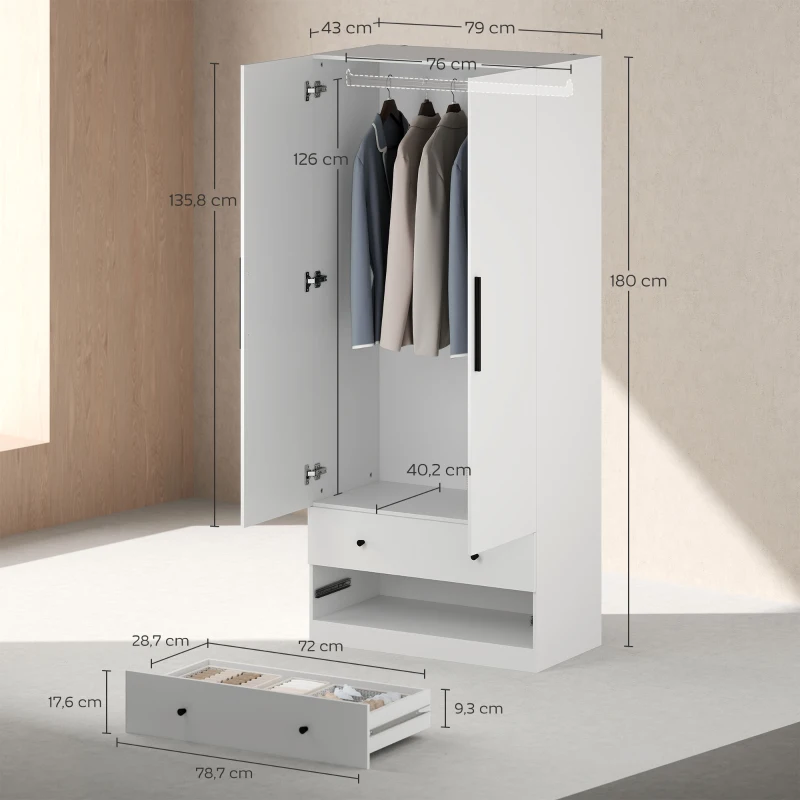 HOMCOM Kledingkast, 2 deuren, hanggedeelte, kledingstang, 2 lades, MDF, wit(m-3)