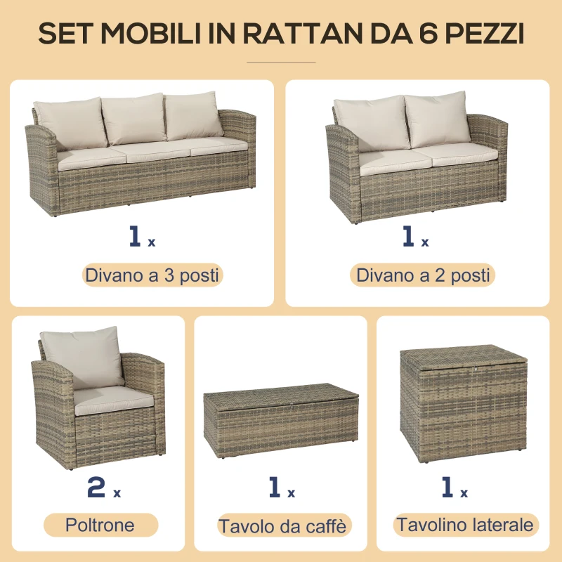 Outsunny Set da Giardino 6 Pezzi in Rattan con Divani, Poltrone e Tavoli Contenitore, Beige