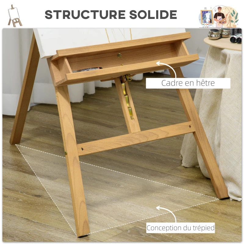Vinsetto Chevalet de peinture pliant en hêtre avec hauteur et angle réglables, 65x110x180-235 cm, bois naturel