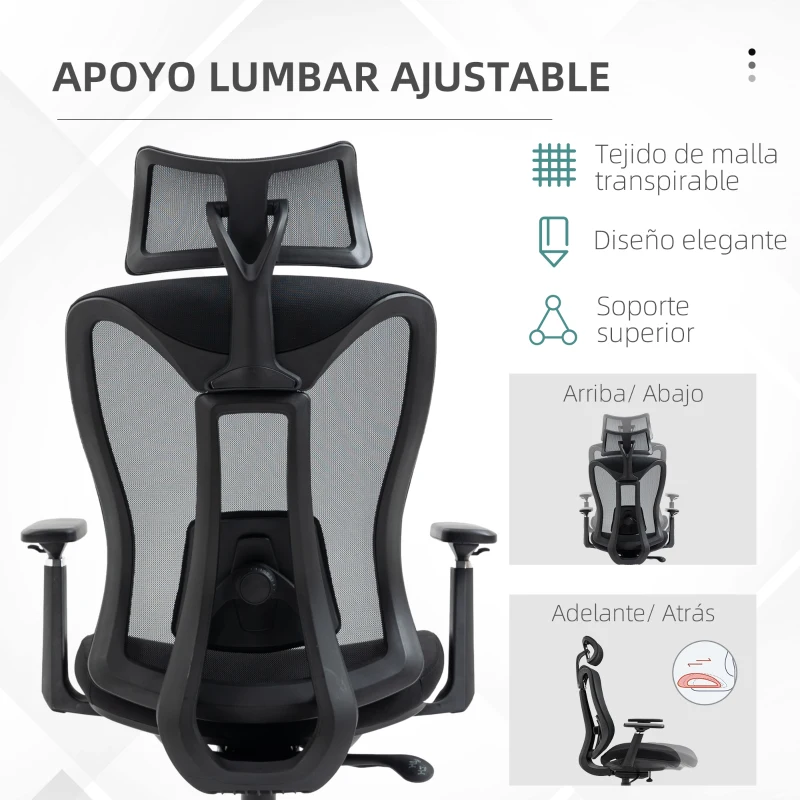 Vinsetto Silla de Escritorio de Malla con Reposacabezas Ajustable Soporte Lumbar y Reposabrazos 3D 70x66x128 cm Negro