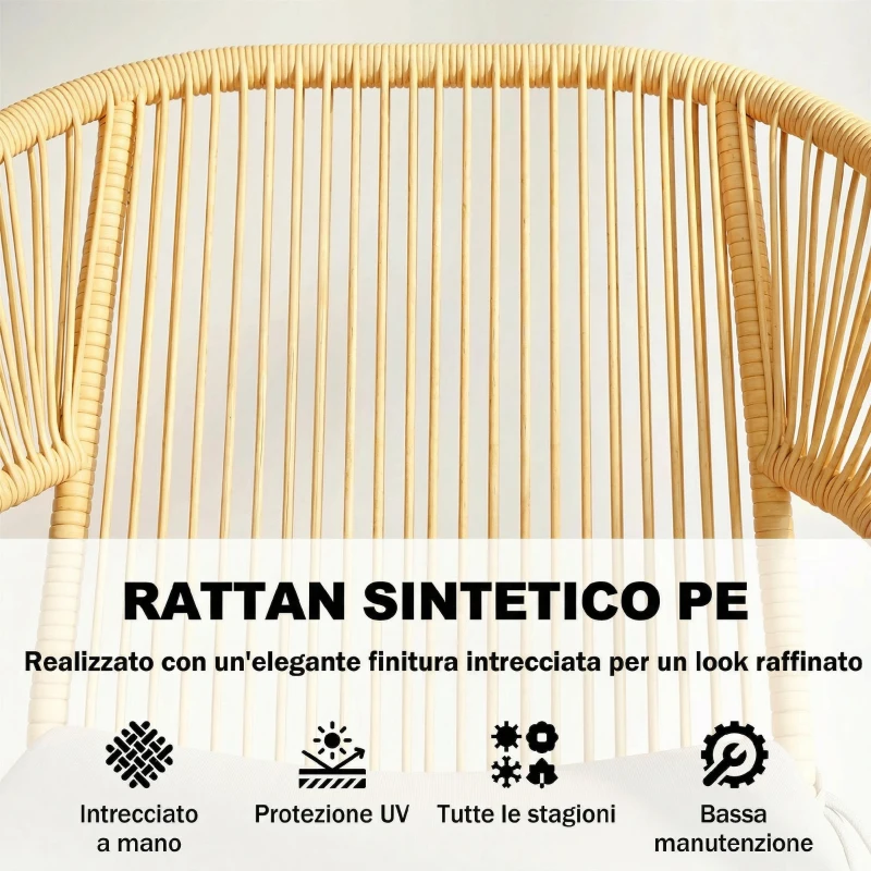 Outsunny Set da Bistrò da 3 Pezzi in Rattan e Acciaio con 2 Sedie, Tavolo Rotondo con Piano in Vetro Temperato, Beige