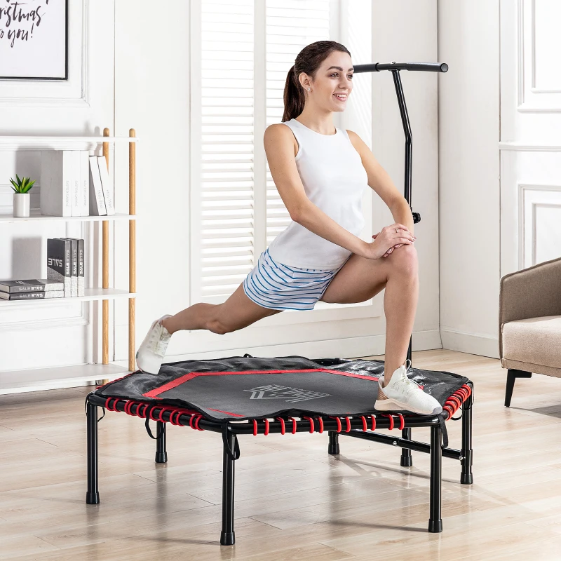HOMCOM Trampolín de Fitness Ø122 cm Cama Elástica con Mango Ajustable de 3 Niveles 122-138 cm Funda Protectora y Marco de Acero para Interiores y Exteriores Negro y Rojo