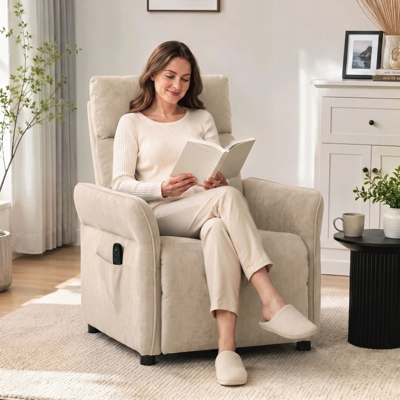 HOMCOM Recliner Armchair, Push Back Recliner Chair with Massage & Heat, Adjustable Armrests, Dual Side Pockets, Beige