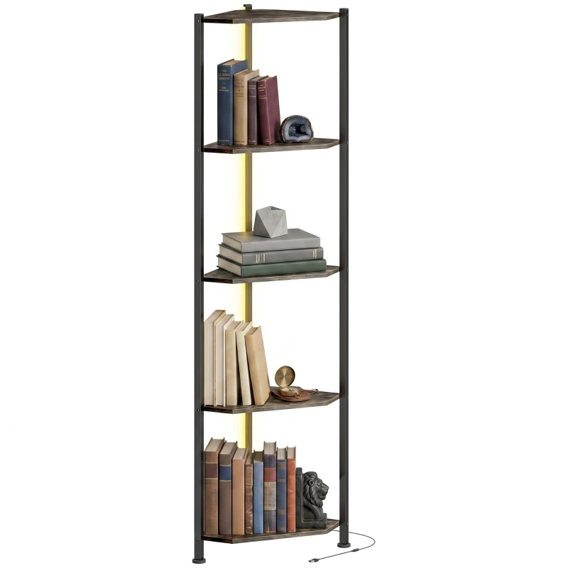 HOMCOM Boekenkast 5-laags Hoekkast met LED-verlichting voor woonkamer, slaapkamer, kantoor, Rustiek bruin