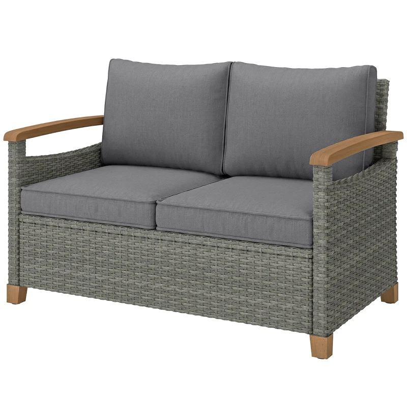 Outsunny 2 Seater Rattan Garden Sofa, Outdoor Sofa with Thickened Cushions and Acacia Wood Armrests, Dark Grey