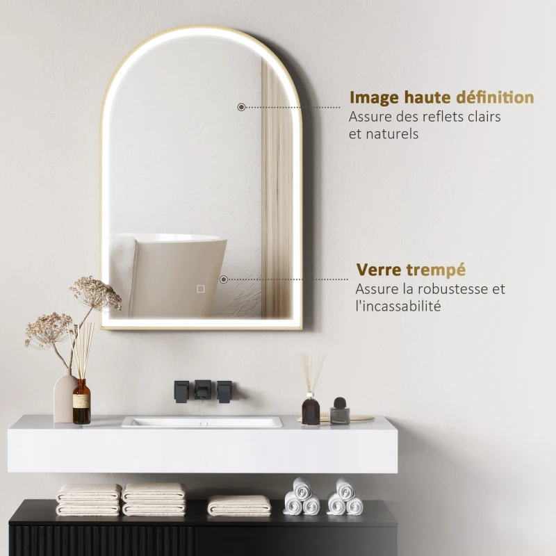 HOMCOM Miroir de salle de bain LED 90 x 60cm, mural, 3 couleurs, arqué cadre en aluminium, désembuage et interrupteur tactile