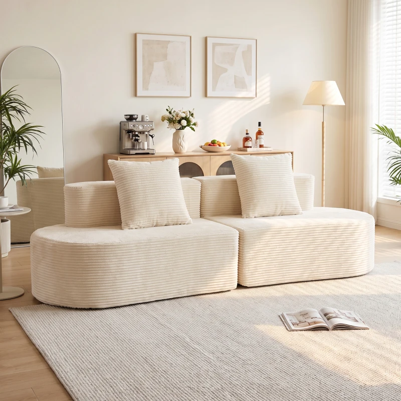 HOMCOM Canapea 3 locuri curbată, catifea cu nervuri 245cm, canapea living, șezut adânc, 2 perne, livrat comprimat, crem
