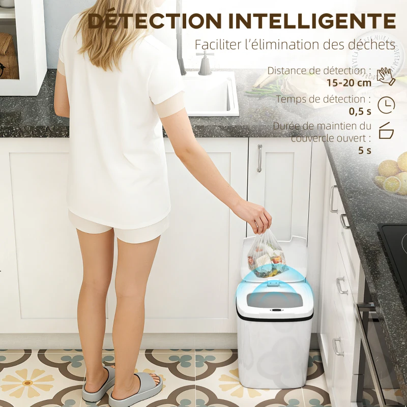 HOMCOM Poubelle de cuisine automatique 15L, poubelle à capteur de mouvement sans contact, 27,6 x 21,4 x 33,5 cm, blanc