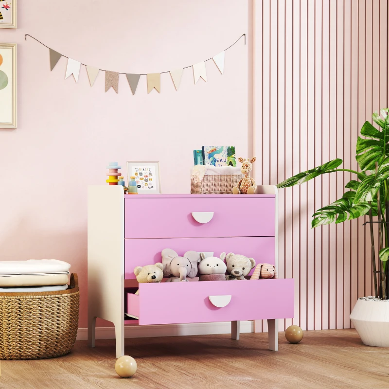 AIYAPLAY Kinder commode met 3 lades, MDF, opbergkast voor kinderen, Roze + Wit