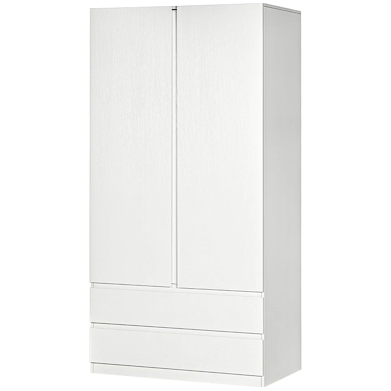 HOMCOM Armadio Guardaroba in Truciolato Bianco con Appendiabiti e 2 Cassetti Scorrevoli per Camere da Letto, 100x60x200 cm