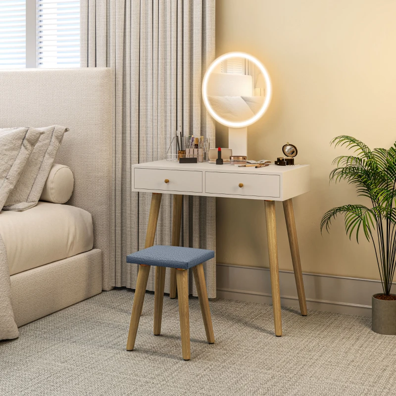 HOMCOM Coiffeuse avec miroir LED à luminosité et 3 couleurs réglable, tabouret rembourré, 2 tiroirs et organisateur, blanc
