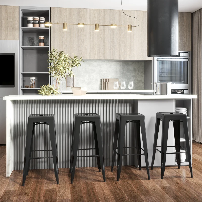HOMCOM Conjunto de 4 Taburetes de Bar Estilo Industrial Apilables y con Reposapiés Aptos para Interiores y Exteriores 43x43x76 cm Carga Hasta 120kg Negro