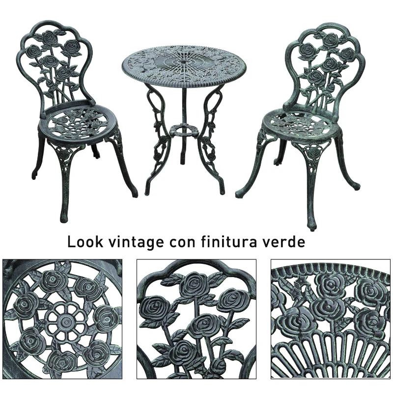 Outsunny Set 3 Pezzi Stile Vintage, Tavolo e 2 Sedie da Giardino in Alluminio, Colore Verde Antico, Decorazioni Floreali