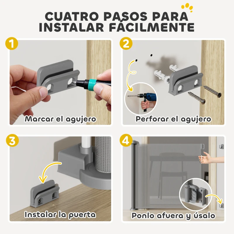 PawHut Barrera de Seguridad para Perros Retráctil con Interruptor de Cierre para Puertas Escaleras Pasillos 142x10x87 cm Gris