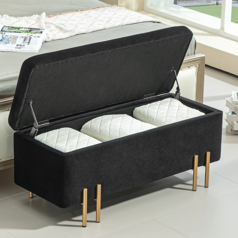 HOMCOM Zitbank, Gestoffeerde Bank met Opbergruimte, Metaal, Rubberhout, Schuimstof, 100 x 40 x 42 cm, Zwart