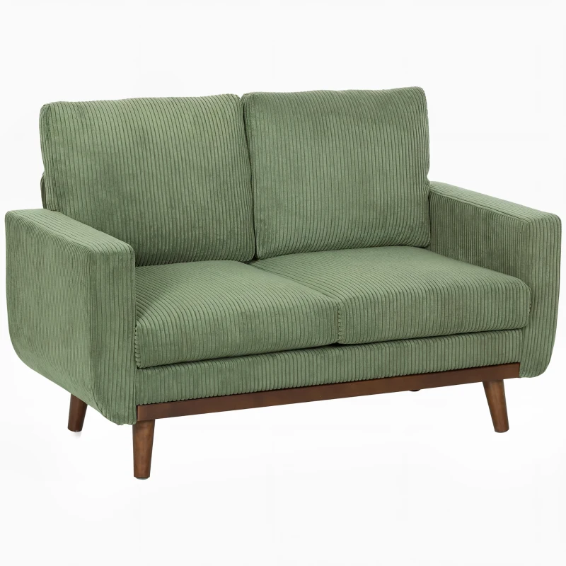 HOMCOM 2-Sitzer-Sofa, 134 cm Cord-Sofa mit Taschenfedern, dicker Rückenlehne, Holzlatten-Akzent, Grün