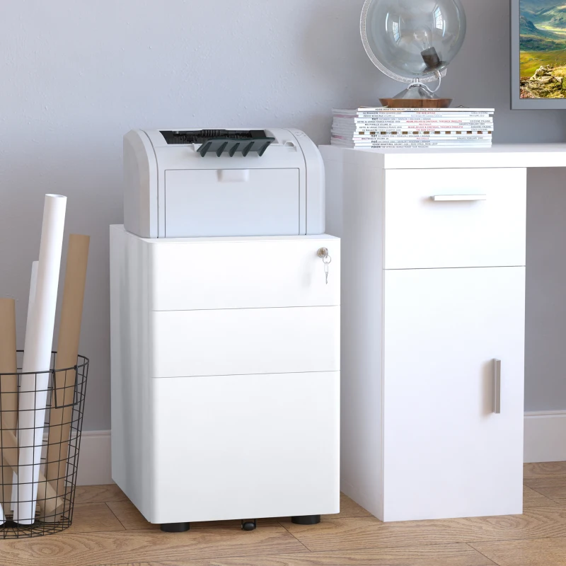 Vinsetto Caisson de bureau rangement bureau sur roulettes 3 tiroirs coulissants verrouillables trieur à dossiers dim. 39L x 48I x 59H cm acier blanc