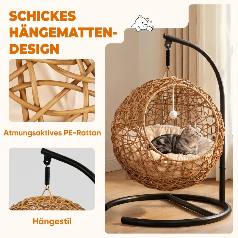 PawHut Rattan kattenmand met wasbaar kussen en speelbal, voor katten tot 10 kg, 45 x 41 x 75 cm, lichtbruin
