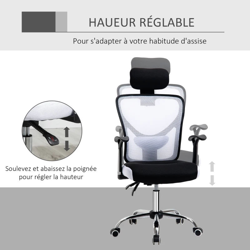 Vinsetto Fauteuil de bureau, chaise de bureau en maille avec hauteur réglable, dossier inclinable, 62x67x118cm, noir et blanc