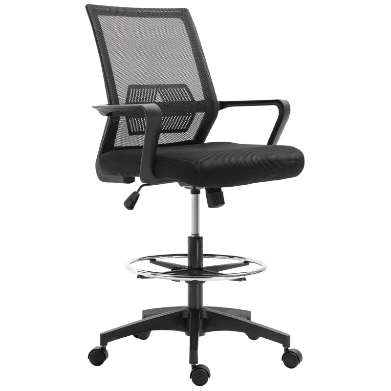 Vinsetto Bureaustoel, In Hoogte Verstelbare Bureau Stoel met Voetsteun, Mesh Rugleuning, Rolbaar, Kunststof, Zwart(m-11)
