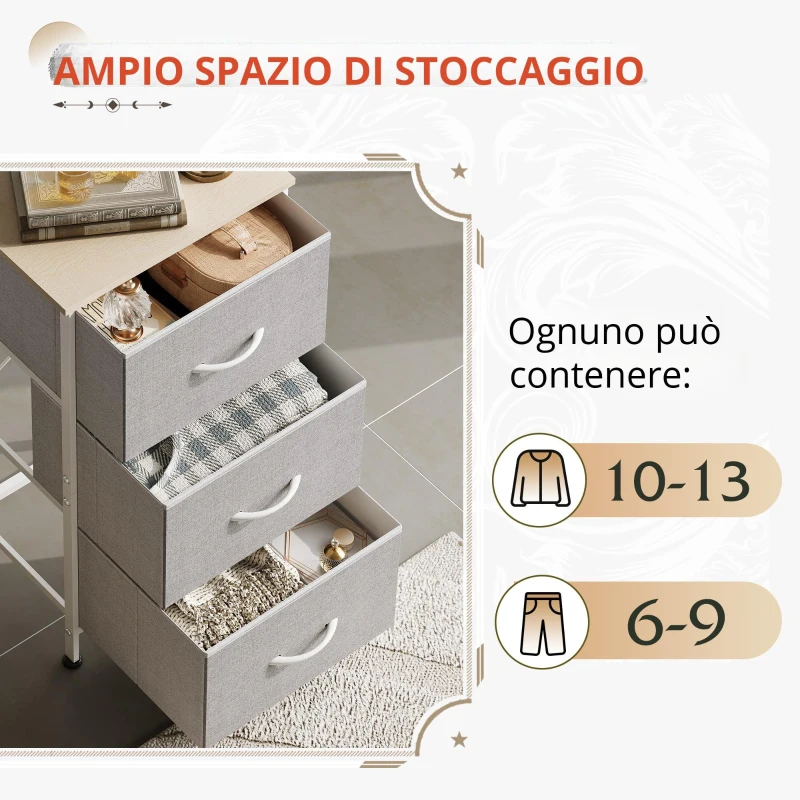 Comò con 3 cassetti, piano in legno inodore, cassetti pieghevoli in tessuto, 39,8x29,8x75,1 cm, Grigio chiaro