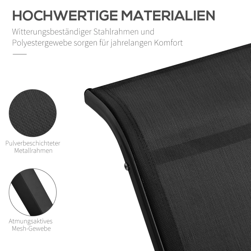 Outsunny Tuin loungeset, 2 ligstoelen met bijzettafel, ademende stof, stevig metalen frame, zwart