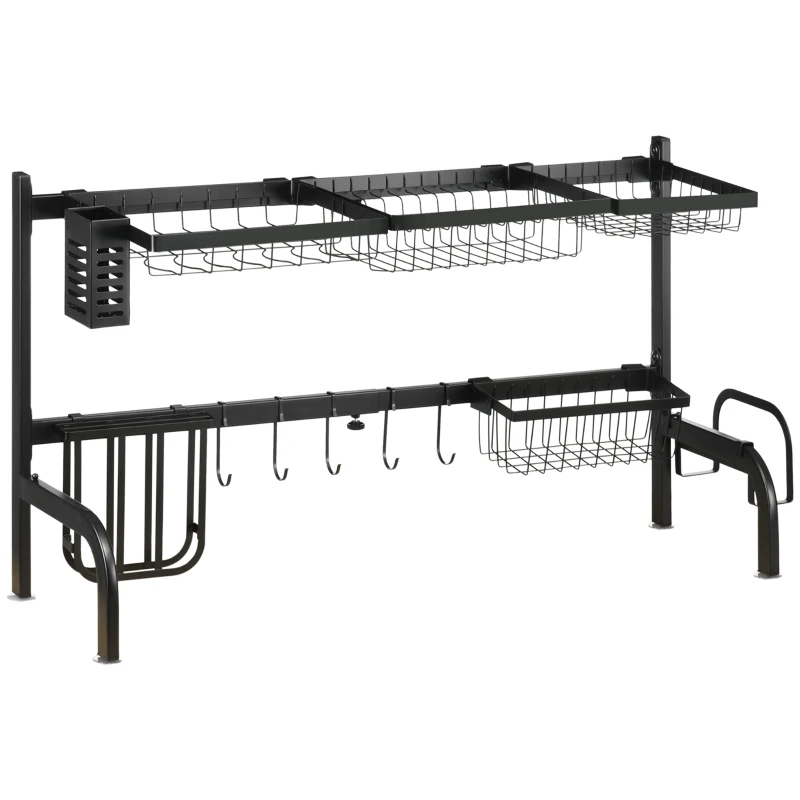 HOMCOM Afdruiprek voor vaat, in lengte verstelbaar van 51-93 cm, veel elementen, flexibele indeling, 93 x 30 x 52 cm, zwart