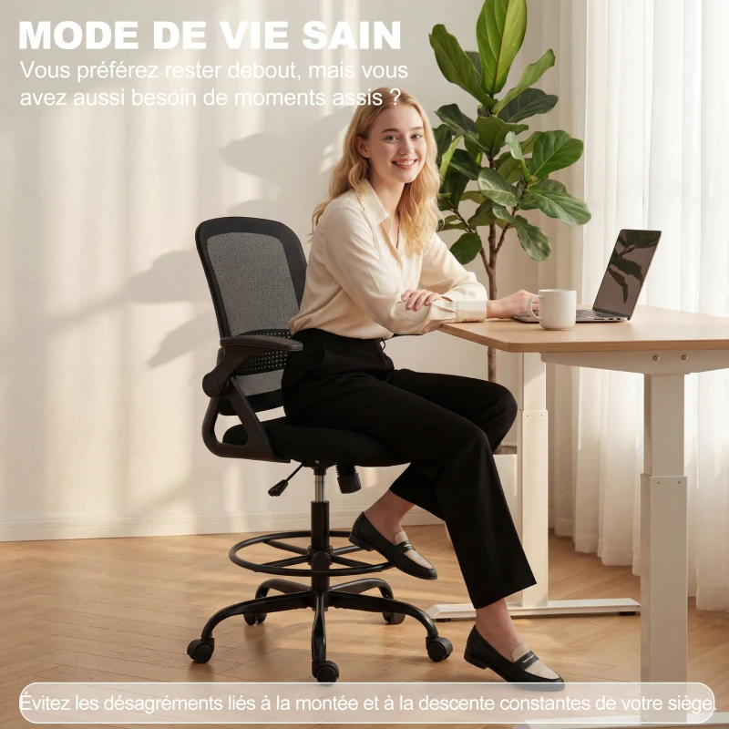 HOMCOM Chaise de bureau en maille, chaise d'ordinateur avec accoudoirs rabattables, hauteur réglable, repose-pieds, noir