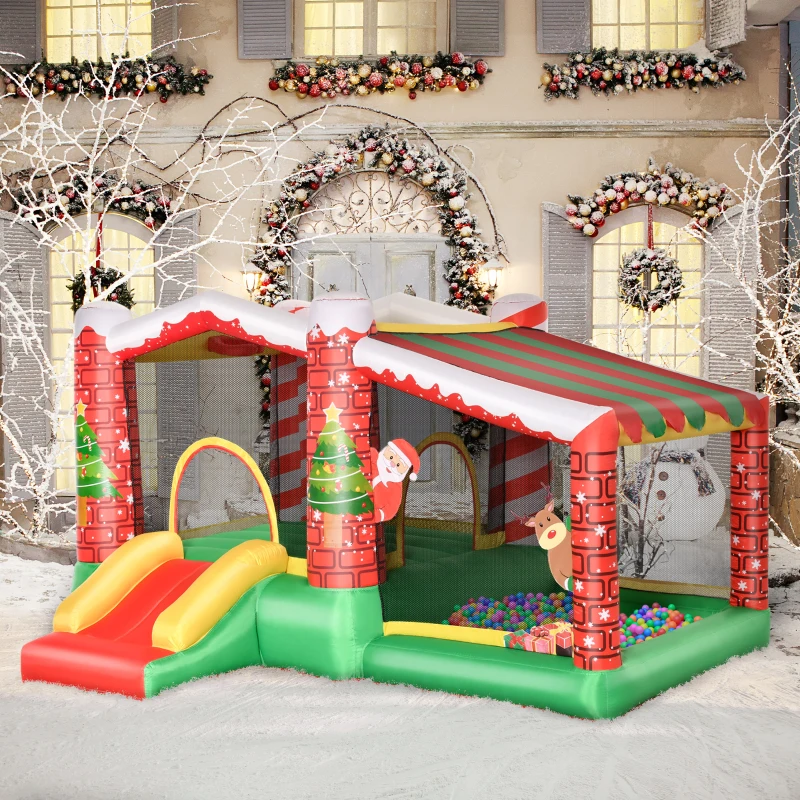 Outsunny kerstmis opblaasbaar springkasteel met waterbassin trampoline kleine glijbaan voor 3 kinderen springkasteel met blazer voor 3-8 jaar kleuterschool Oxford stof polyester rood + groen 325 x 270 x 175 cm