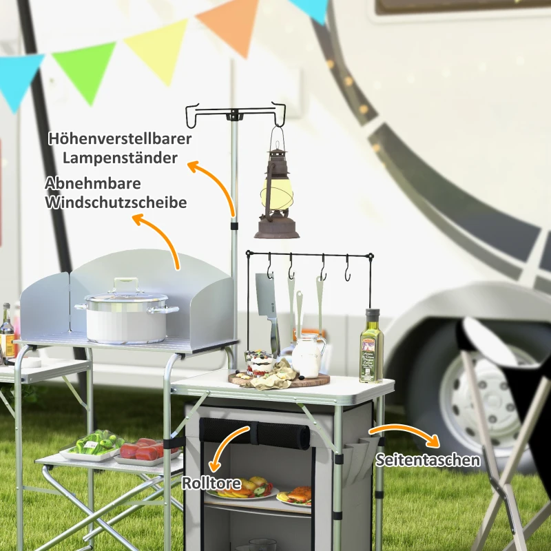 Outsunny Campingkeuken inklapbaar, buitenshuis keuken met UV-bescherming, windscherm, zilver
