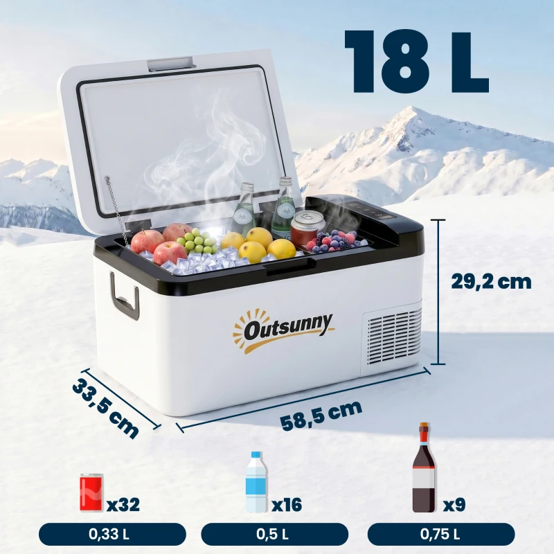 Outsunny Nevera Portátil Eléctrica 18L 12/24V hasta -20℃ Nevera y Congelador de Compresor para Coche con Doble Zona Luz LED Asas Plegables Bajo Consumo Energético para Camping 58,5x33,5x29,2 cm Blanco