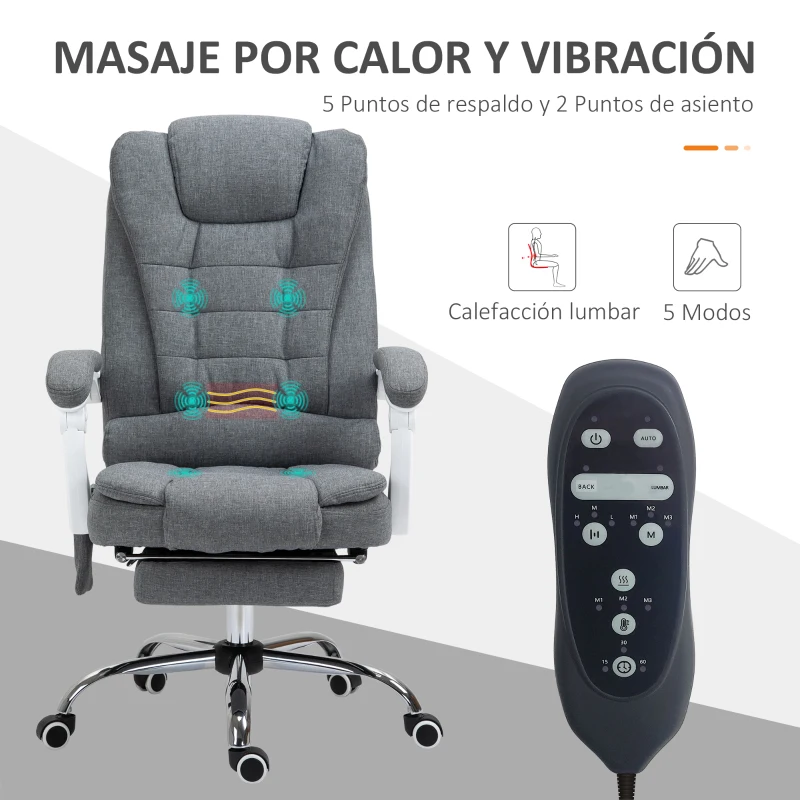 Vinsetto Silla de Oficina con 6 Puntos de Masaje Función de Calentamiento Reposapiés y Control Remoto 65x70x111-119 cm Gris