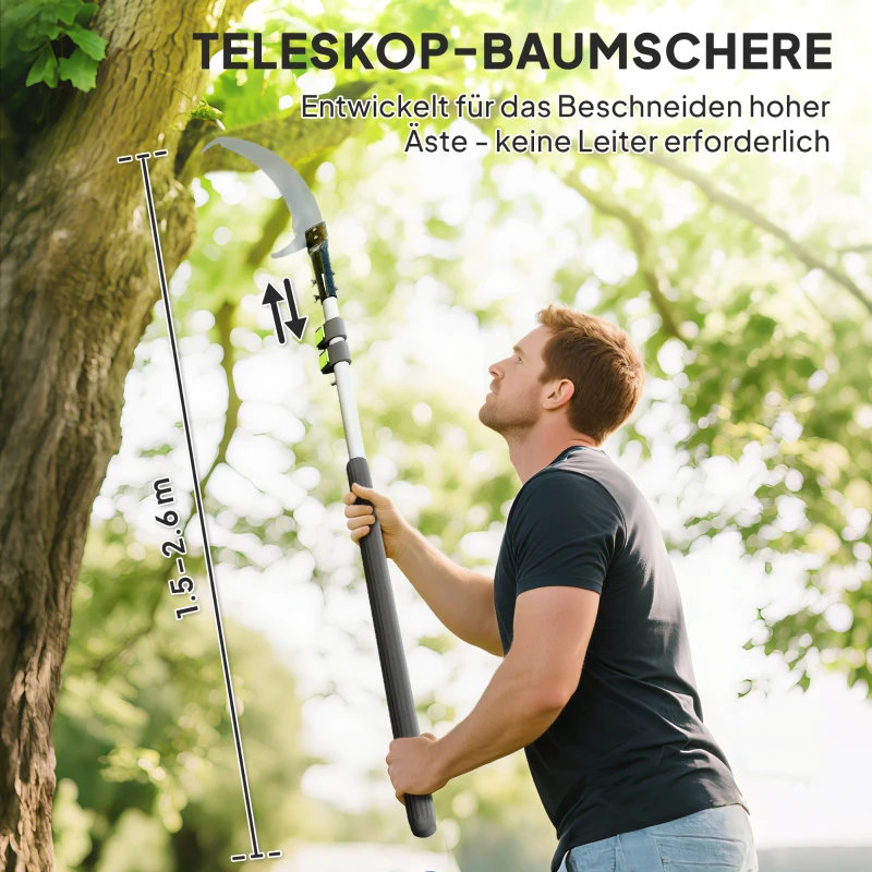 Outsunny Telescopische Takkenzaag 1,5–2,6 m met Vastzetmechanisme, Telescopische Handgreep, Antikleefmes Zwart