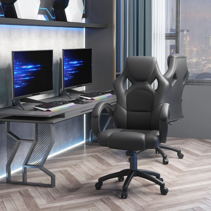 HOMCOM Silla de Oficina Silla Estudio con Función Basculante Altura Ajustable y Respaldo Alto Tapizado en Cuero PU y Malla Transpirable 71x61x108-118 cm Negro