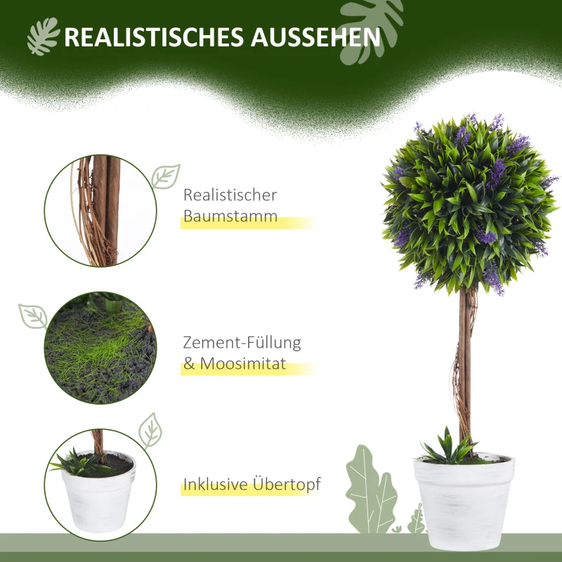HOMCOM Set van 2 kunstplanten inclusief plantenbak en kunstmos, kunstmatige lavendelstelen, wit+groen+paars