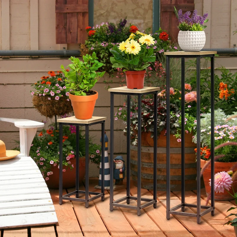 Outsunny set van 3 plantenstandaards, stapelbare bloemenkrukken voor tuinbalkon