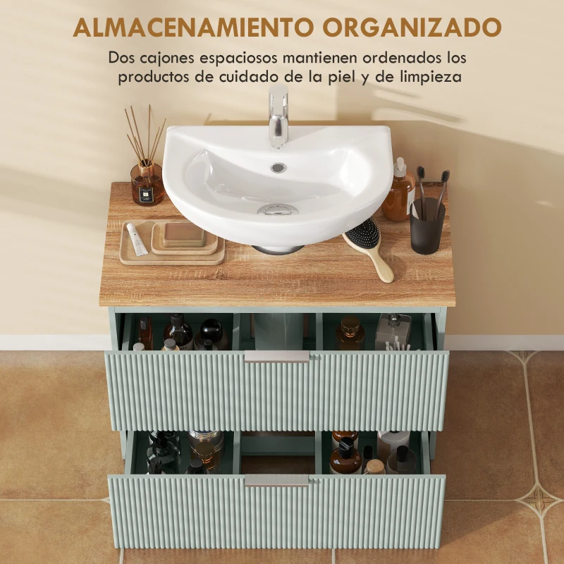 HOMCOM Mueble Bajo Lavabo con 2 Cajones con Frentes Ondulados para Lavabos con o sin Pedestal 80x40x60 cm Verde y Natural