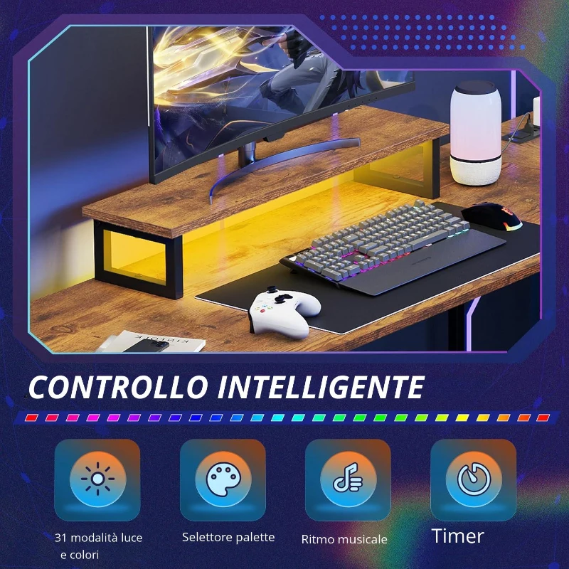 Scrivania angolare a L, LED controllabili via app e stazione di ricarica integrata, 167,5x50x87,5 cm, marrone